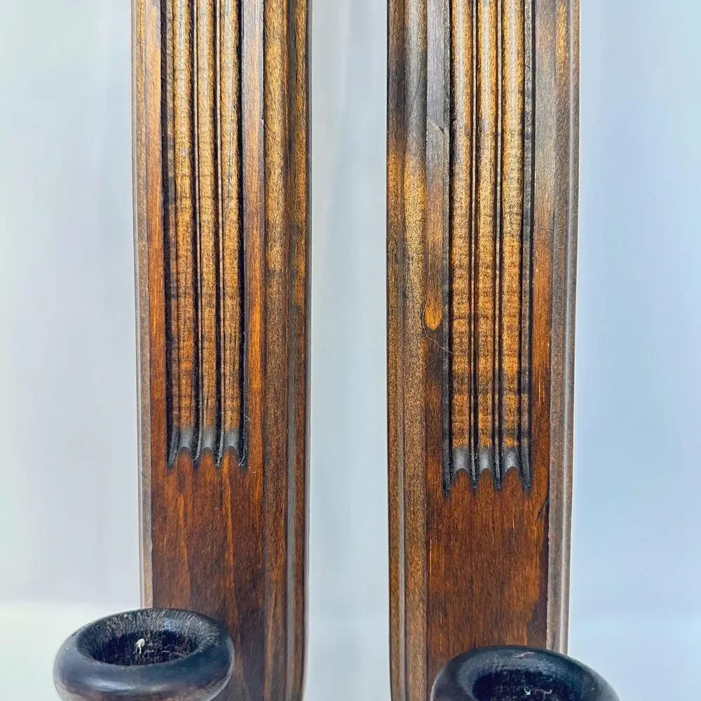 Vintage Wood Wall Candle Sconces Pair Gothic Arch Mid Cen Fluted Taper Holders